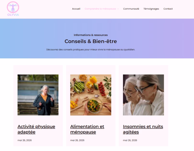 Page Conseils et Bien-être avec des articles sur l’activité physique, l’alimentation et le sommeil.