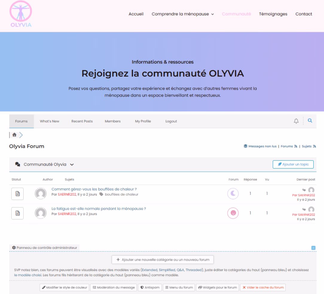 Page de la communauté Olyvia avec son bandeau de présentation et les discussions du forum.