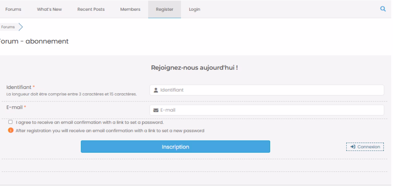 Formulaire d’inscription au forum Olyvia avec les champs identifiant, adresse e-mail et les conditions d’inscription.