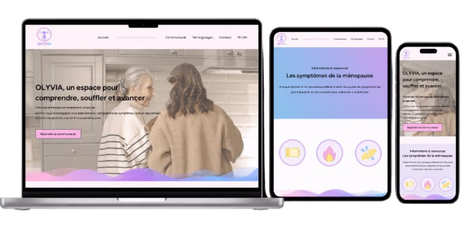 Présentation du site Olyvia sur trois appareils : ordinateur portable, tablette et téléphone.