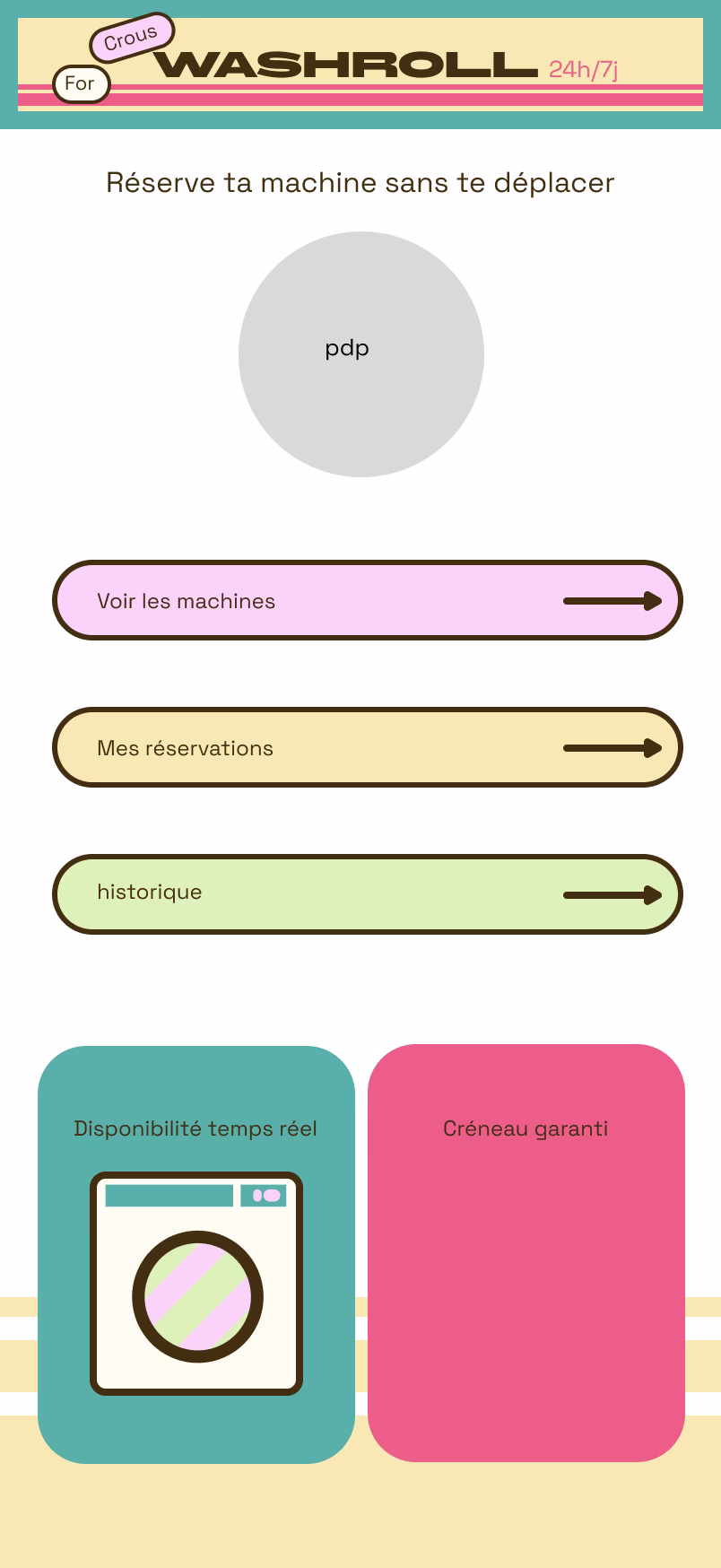 Accueil mobile de Washroll avec les accès aux machines et aux réservations.