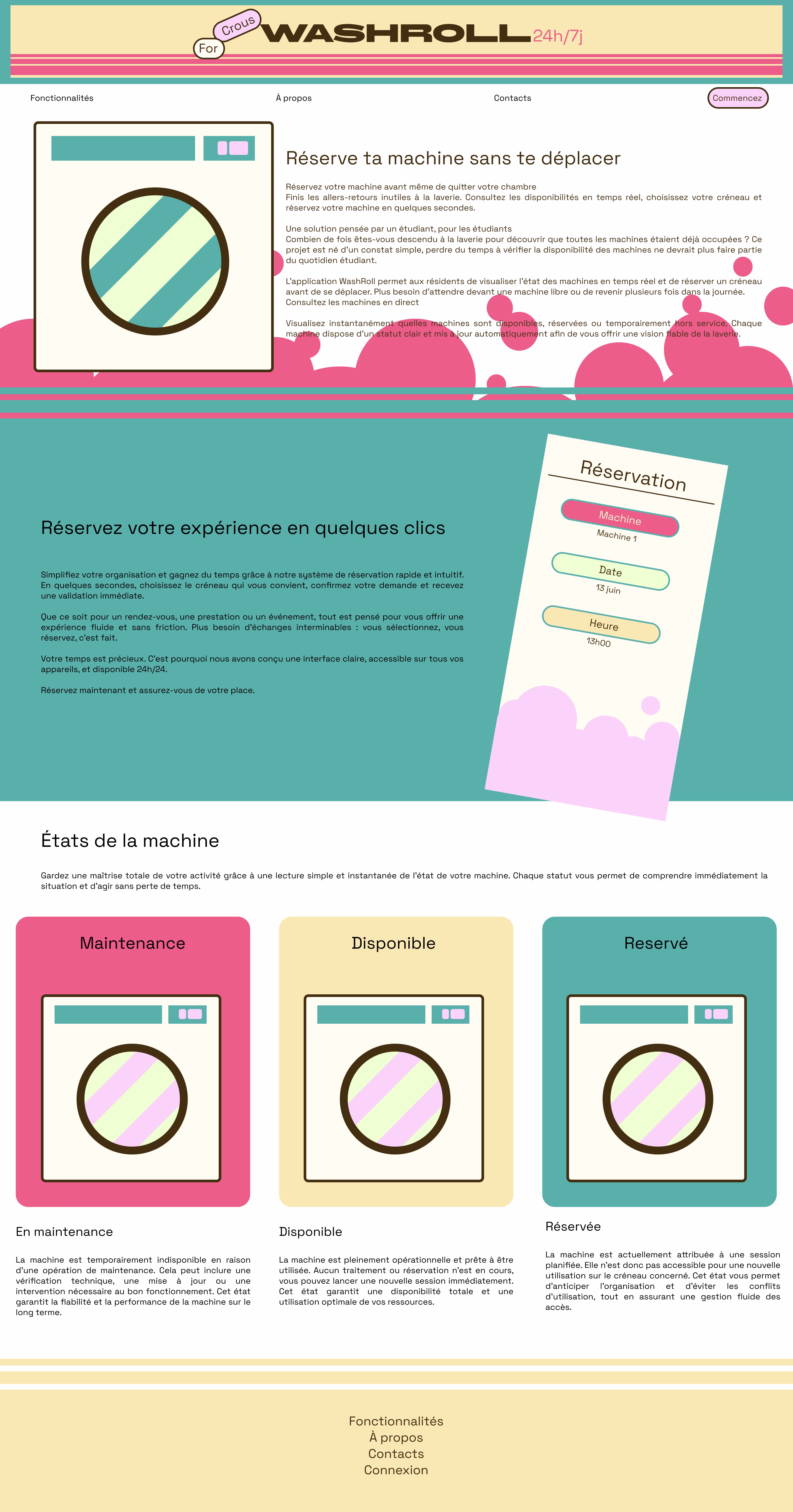 Page complète de Washroll présentant la réservation à distance et les différents états des machines.