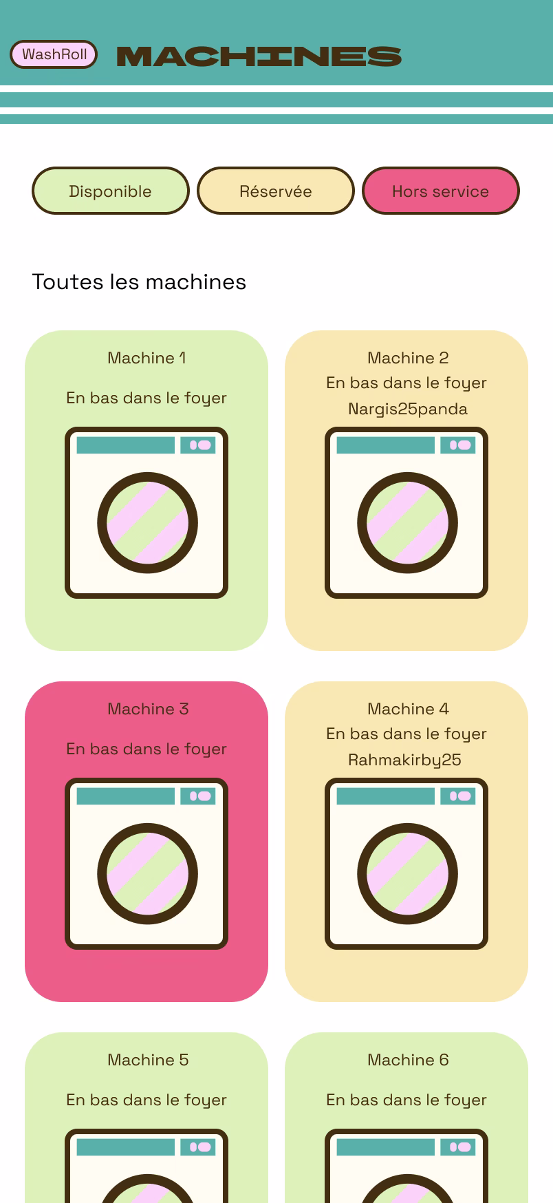 Liste mobile des machines de laverie avec leurs états affichés en couleur.