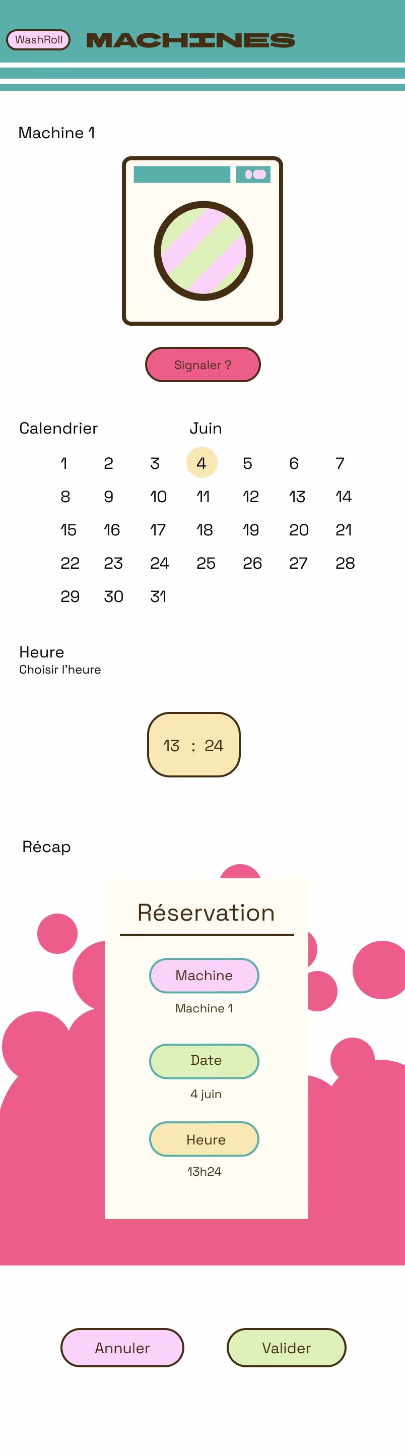 Écran mobile de réservation avec une machine, un calendrier, un récapitulatif et les boutons Annuler et Valider.