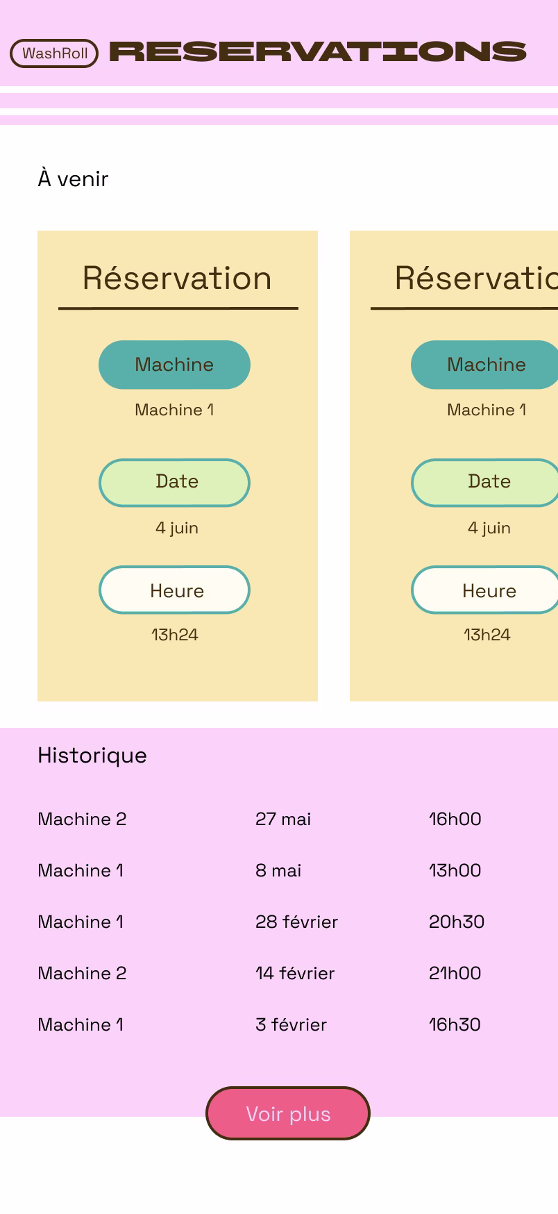 Page mobile des réservations Washroll avec les réservations à venir et leur historique.