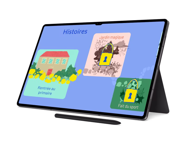 Écran Histoires de Zozzo sur tablette, avec les aventures Rentrée au primaire, Jardin magique et Fait du sport.