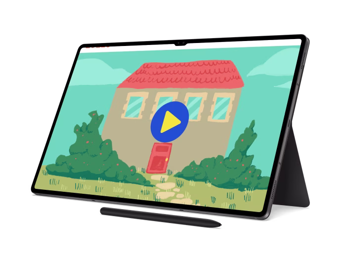 Histoire illustrée de Zozzo sur tablette, avec un bouton de lecture vidéo devant une école.