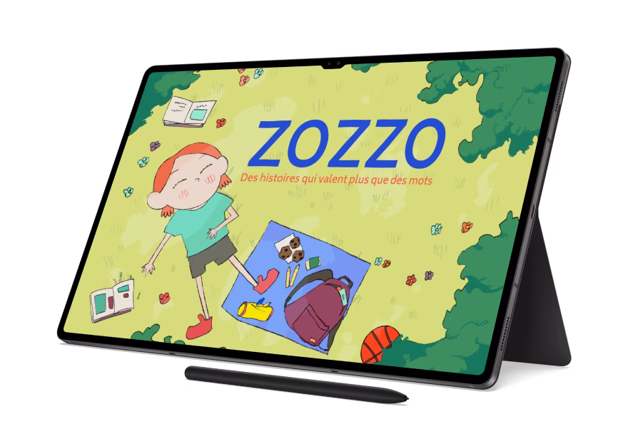 Accueil de Zozzo sur tablette, avec son personnage dans un univers illustré et coloré.