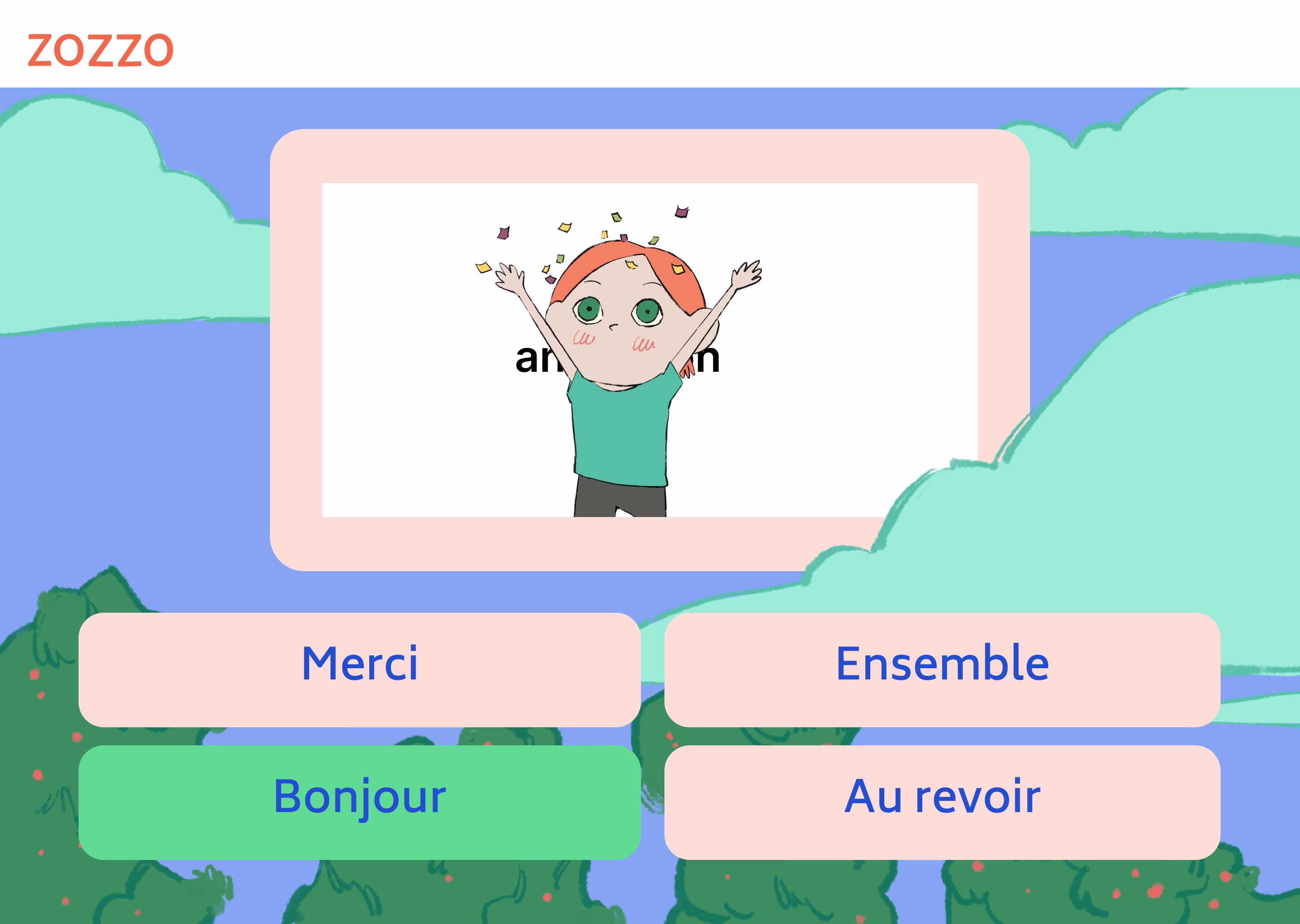 Interface du quiz Zozzo avec le personnage et les choix Merci, Ensemble, Bonjour et Au revoir ; Bonjour est affiché en vert.